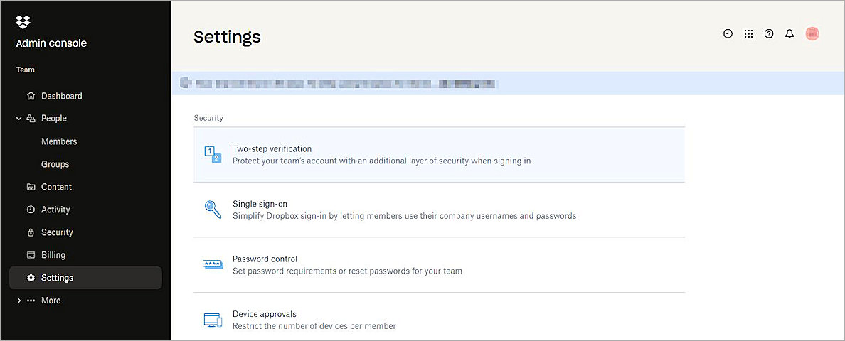 Screenshot of Dropbox settings page